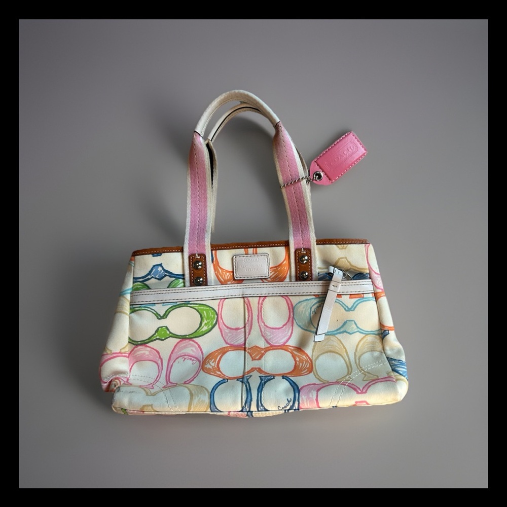 Coach Scribble Multi-Color Signature Tote Bag L0671-10673 Pink Handles